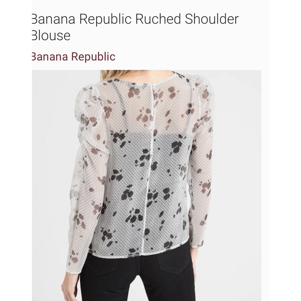 Banana Republic Blouse Size S Long Ruched Sleeve See Thur Black White Floral - Picture 5 of 10